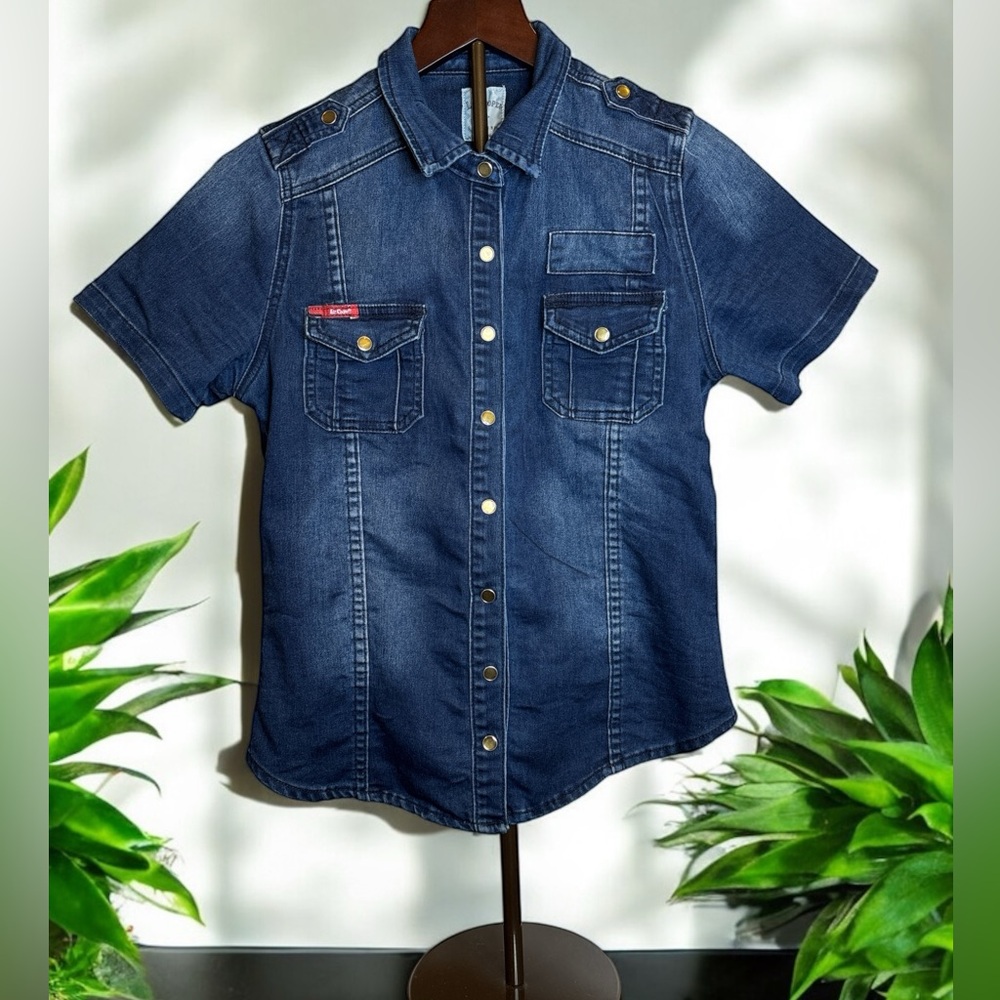 LEE COOPER Women’s Denim Short Sleeve Button Down Shirt. Size Small Stretchy